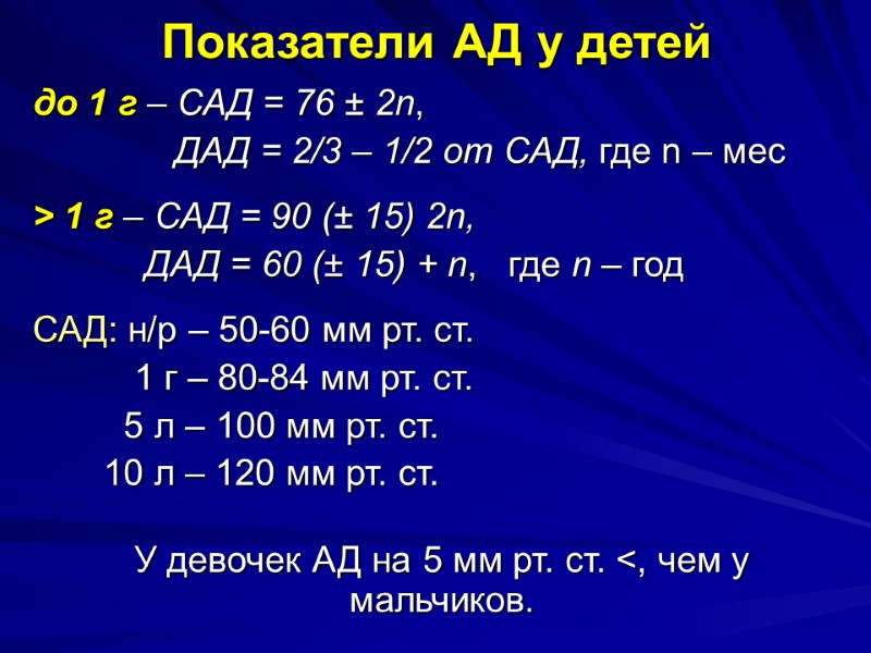 Показатели АД у детей до 1 г – САД = 76 ± 2n, 